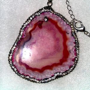 Natural Pink Agate cubic zirconia Sterling Silver 20”Necklace
